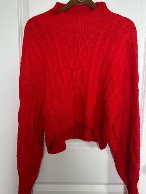 Red Cable Knit Mock Neck Sweater high low- Women